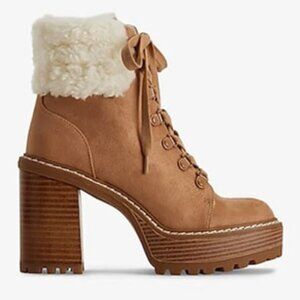 NWOT Faux Suede Shearling Lined Lace Up Platform Heeled Booties